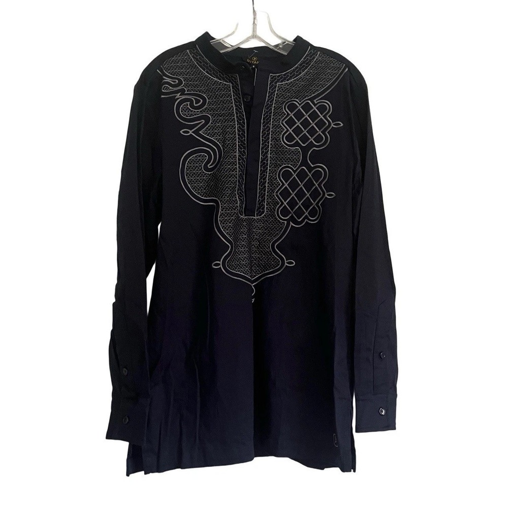 Diyanu Dubaku African Dashiki  Long Sleeve Navy Blue Silver Geometric Size Med